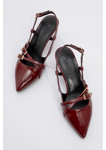 Kadın 3 Tokalı Topuklu Ayakkabı Bordo Rugan