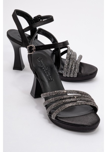 Kadın Biyeli Taşlı Topuklu Sandalet Siyah Saten