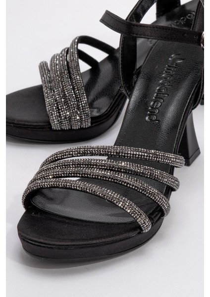 Kadın Biyeli Taşlı Topuklu Sandalet Siyah Saten modelleri