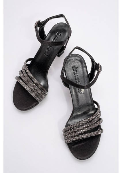 Kadın Biyeli Taşlı Topuklu Sandalet Siyah Saten indirimleri