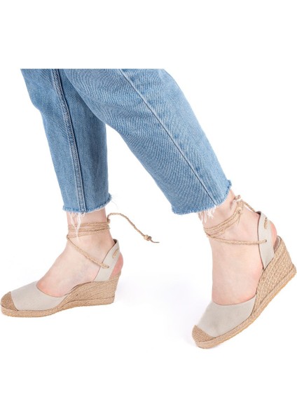 Gerçek Elişi Bilekten Bağcıklı Topuğu Açık Dolgu Topuk Keten Hasır Kadın Espadril Handmade