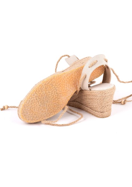 Gerçek Elişi Bilekten Bağcıklı Topuğu Açık Dolgu Topuk Keten Hasır Kadın Espadril Handmade