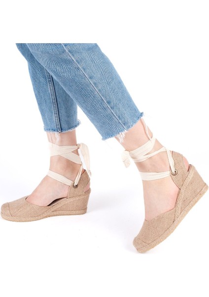 Gerçek Elişi Arkası Açık Geniş Ipli Burnu Hasırlı Dolgu Topuk Keten Kadın Espadril Handmade