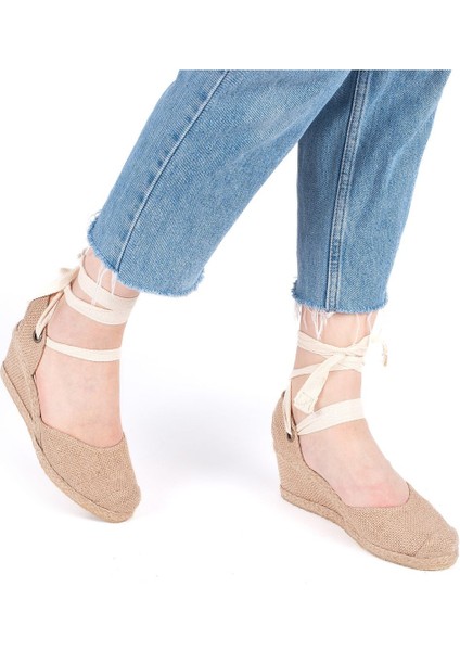 Gerçek Elişi Arkası Açık Geniş Ipli Burnu Hasırlı Dolgu Topuk Keten Kadın Espadril Handmade