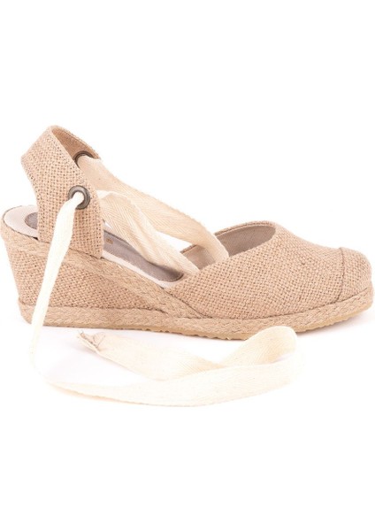 Gerçek Elişi Arkası Açık Geniş Ipli Burnu Hasırlı Dolgu Topuk Keten Kadın Espadril Handmade