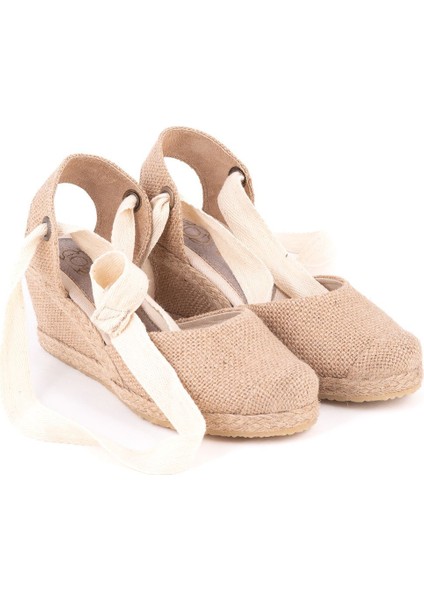Gerçek Elişi Arkası Açık Geniş Ipli Burnu Hasırlı Dolgu Topuk Keten Kadın Espadril Handmade