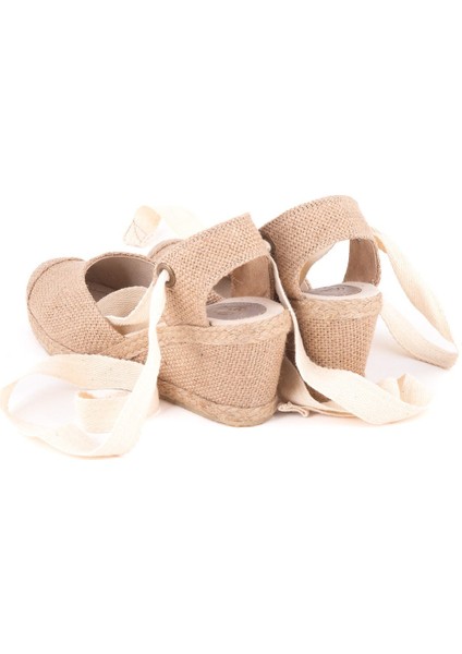 Gerçek Elişi Arkası Açık Geniş Ipli Burnu Hasırlı Dolgu Topuk Keten Kadın Espadril Handmade