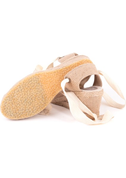 Gerçek Elişi Arkası Açık Geniş Ipli Burnu Hasırlı Dolgu Topuk Keten Kadın Espadril Handmade