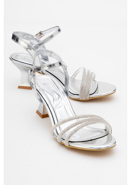 Kadın Biyeli 3 Taşlı Topuklu Ayakkabı Gümüş Ayna