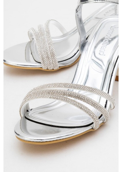 Kadın Biyeli 3 Taşlı Topuklu Ayakkabı Gümüş Ayna modelleri