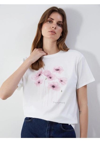 Lcw Vision Bisiklet Yaka Çiçek Baskılı Kadın Tişört (S5)