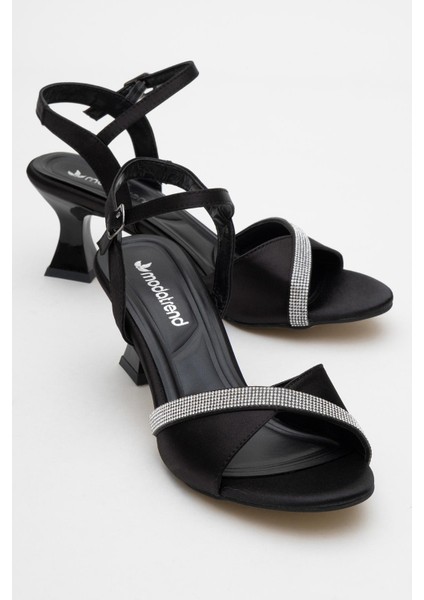 Tek Sıra Taşlı Kelebek Kadın Topuklu Ayakkabı Siyah Saten