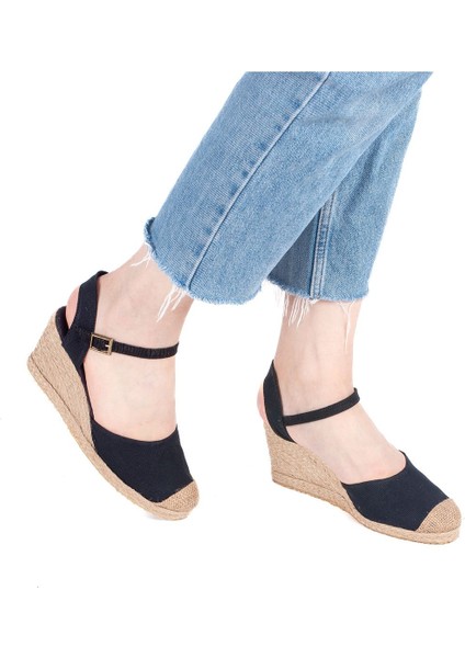 Topuğu Açık Burnu Hasırlı Bilekten Bantlı Dolgu Topuk Keten Hasır Kadın Espadril