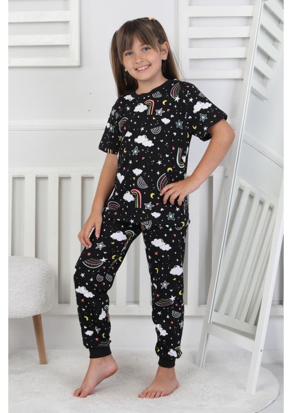 %100 Pamuk Gökkuşağı Desenli Kısa Kollu Manşetli Paça Kız Çocuk Pijama Takımı 3-8 Yaş fiyatları