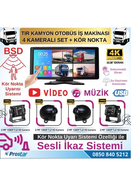Tır ve Kamyon 10.36&quot; Dokunmatik 4 Kameralı 256 GB Destekli Kör Nokta Uyarı Sistemli Kamera Seti