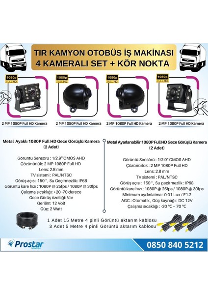 Tır ve Kamyon 10.36&quot; Dokunmatik 4 Kameralı 256 GB Destekli Kör Nokta Uyarı Sistemli Kamera Seti modelleri