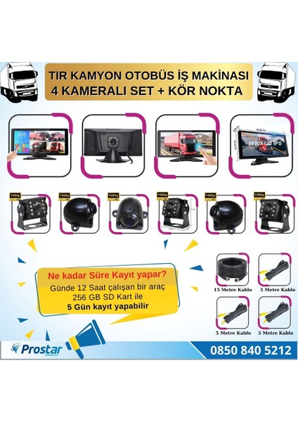 Tır ve Kamyon 10.36&quot; Dokunmatik 4 Kameralı 256 GB Destekli Kör Nokta Uyarı Sistemli Kamera Seti fırsatları