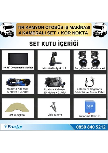Tır ve Kamyon 10.36&quot; Dokunmatik 4 Kameralı 256 GB Destekli Kör Nokta Uyarı Sistemli Kamera Seti indirimleri