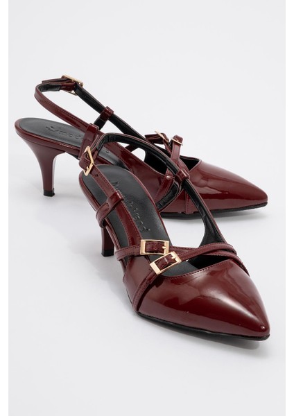Kadın 3 Tokalı Topuklu Ayakkabı Bordo Rugan