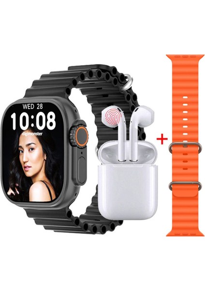Ultra Plus Watch 8 Akıllı Saat + Bluetooth Kulaklık + Yedek Kordon 2.1 Ekran Kablosuz Şarj IPS Ekran