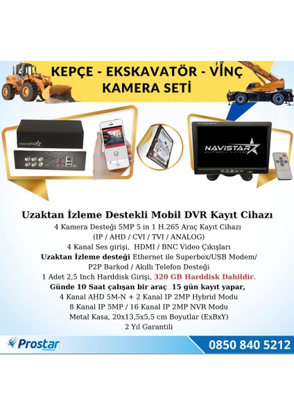 Ekskavatör Dozer Greyder Vinç Kepçe Uzaktan Izlemeli 4 Kameralı 320 GB Harddisk Kamera Seti