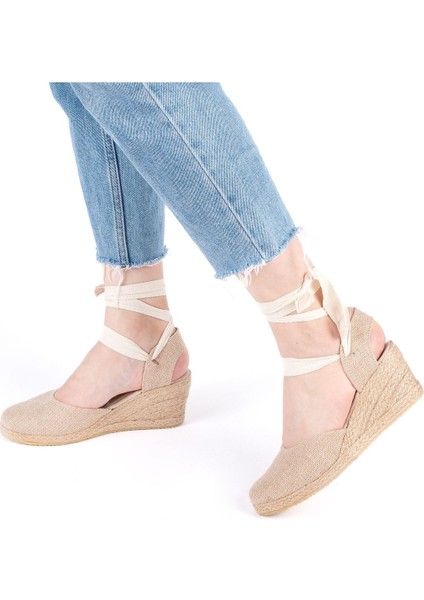 Gerçek Elişi Arkası Açık Geniş Ipli Dolgu Topuk Keten Kadın Espadril Handmade