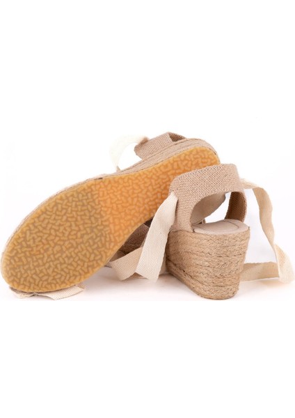Gerçek Elişi Arkası Açık Geniş Ipli Dolgu Topuk Keten Kadın Espadril Handmade