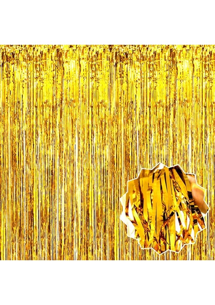 Altın Gold Renk Ekstra Metalize Parlak Saçaklı Arka Fon Perde Ithal 1x2 Metre