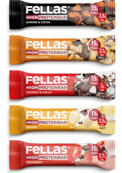 Yüksek Protein Bar 5'li Deneme Paketi - Hindistan Cevizli, Badem Kakaolu, Yer Fıstıklı, Muzlu ve Çilekli Yüksek Protein Bar fiyatları