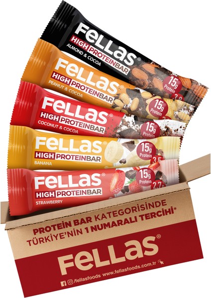 Yüksek Protein Bar 5'li Deneme Paketi - Hindistan Cevizli, Badem Kakaolu, Yer Fıstıklı, Muzlu ve Çilekli Yüksek Protein Bar modelleri