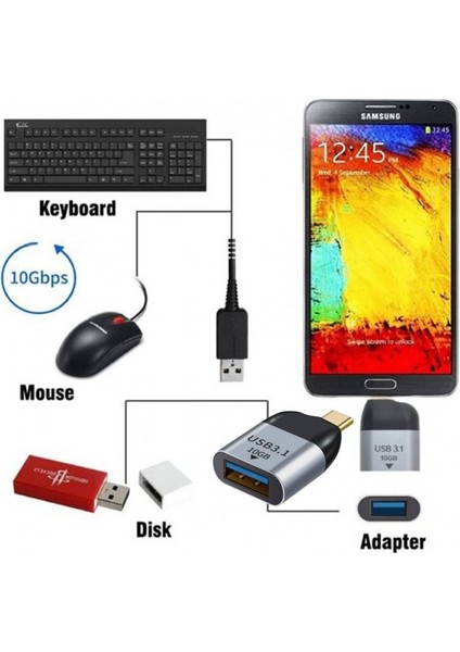 USB Dişi 3.1 To Type C Erkek 3.1 10GB Type C Otg Şarj ve Data Adaptörü