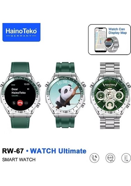 RW67 Watch Ultimate Akıllı Saat Harita Okuma Özellikli 3 kordonlu (Metal-Deri-Silikon)