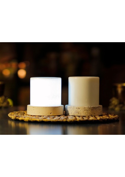 Candela 13CM Mermer ve Traverten Masa Lambası, Mermer Abajur, Lüks Gece Lambası (Led Lamba Dahil)