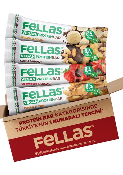 Vegan Protein Bar 4'lü Deneme Paketi - Muzlu ve Kakaolu, Çilekli ve Kakaolu, Yer Fıstıklı ve Kakaolu, Fıstık Ezmeli Vegan Protein Bar modelleri