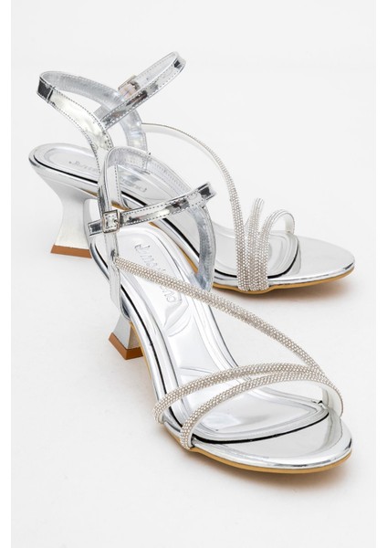 Kadın Iki Biyel Bir Çapraz Taşlı Topuklu Ayakkabı Gümüş Ayna