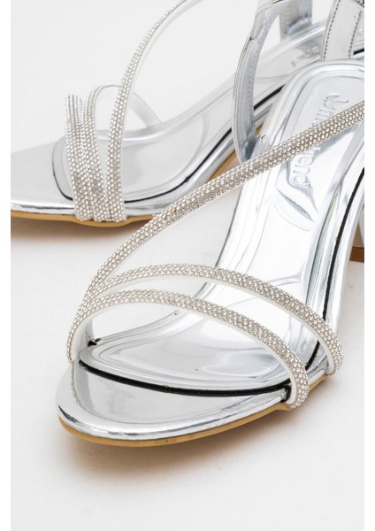 Kadın Iki Biyel Bir Çapraz Taşlı Topuklu Ayakkabı Gümüş Ayna modelleri