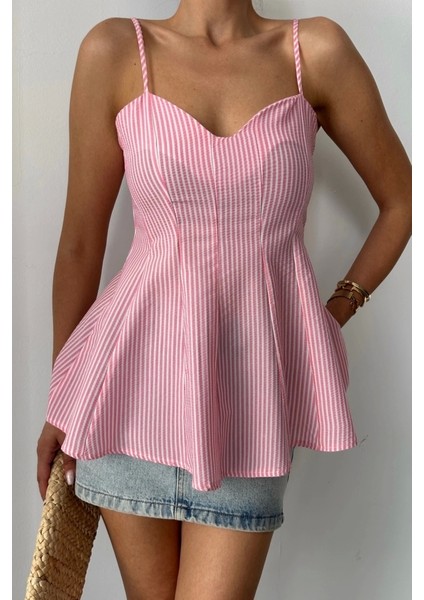 Çizgili Gofre Askılı Pens Detaylı Bluz - Pembe fiyatları
