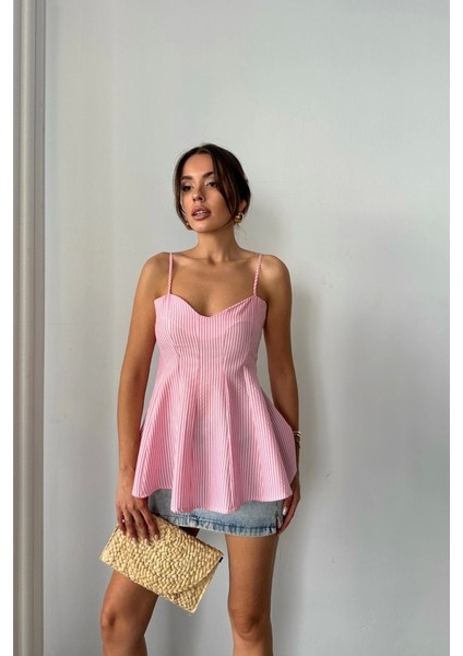 Çizgili Gofre Askılı Pens Detaylı Bluz - Pembe modelleri