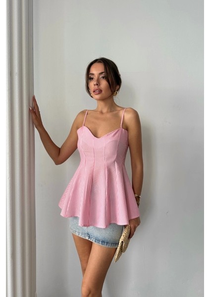 Çizgili Gofre Askılı Pens Detaylı Bluz - Pembe fırsatları