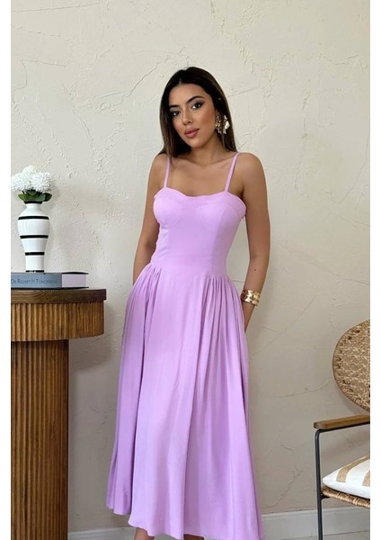 Lila Göğüs Kuplu Uzun Büzgülü Elbise