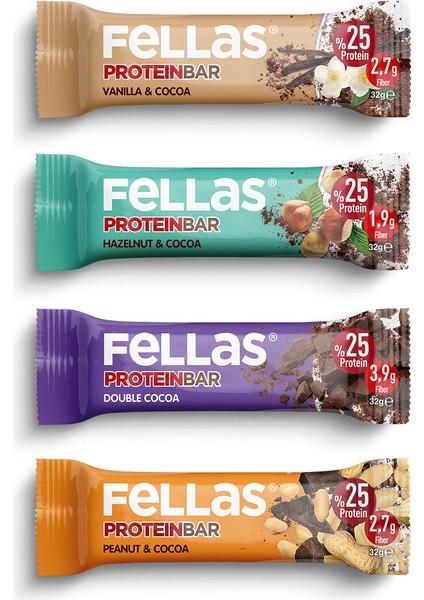 Protein Bar 4'lü Deneme Paketi - Duble Kakaolu, Yer Fıstıklı ve Kakaolu, Fındıklı ve Kakaolu, Vanilya ve Kakaolu Protein Bar