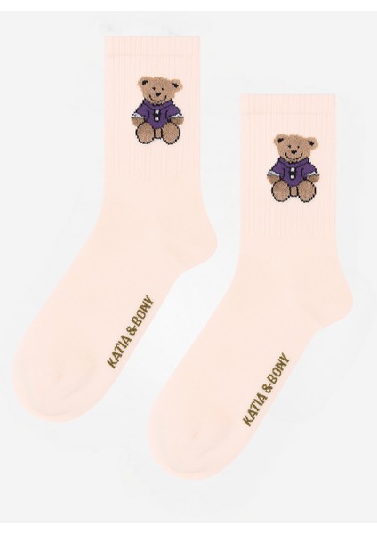 Kadın Teddy Desenli Soket Çorap Pembe