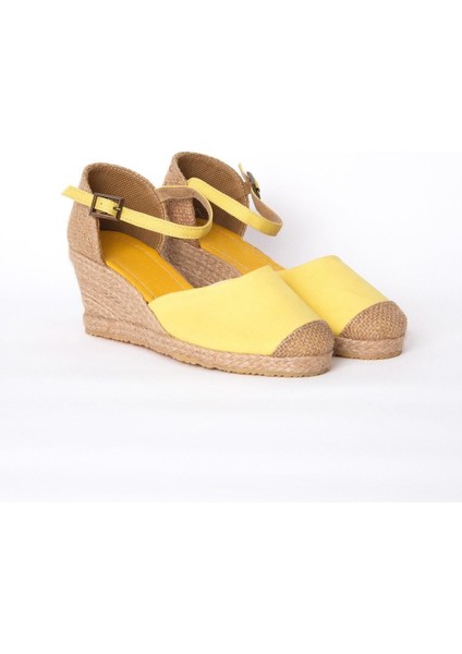 Gerçek Elişi Burnu Hasır Dolgu Topuk Sarı Keten Hasır Espadril Handmade