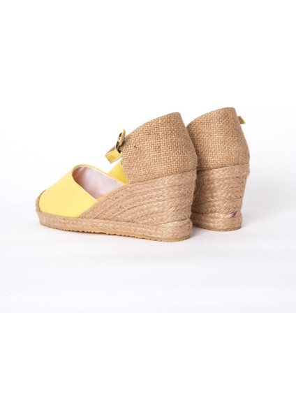 Gerçek Elişi Burnu Hasır Dolgu Topuk Sarı Keten Hasır Espadril Handmade