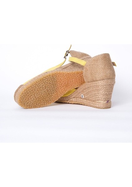 Gerçek Elişi Burnu Hasır Dolgu Topuk Sarı Keten Hasır Espadril Handmade