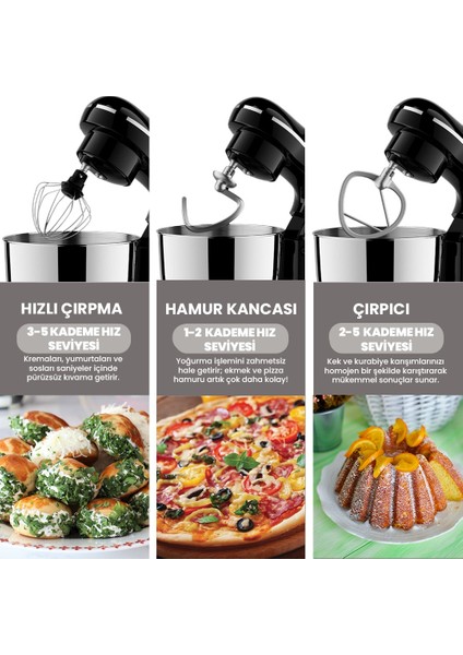 Kitchen Helper PV-4700 1500W-5.2 Litre -10 Kademe Hız Ayarı Stand Mikser Hamur Yoğurma Makinesi Siyah