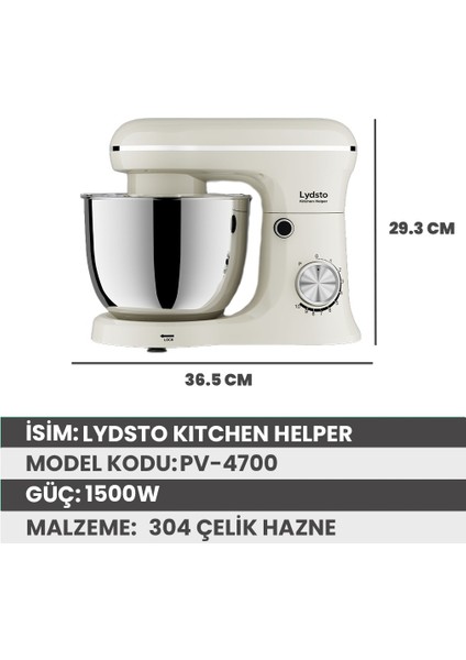 Kitchen Helper PV-4700 1500W-5.2 Litre -10 Kademe Hız Ayarı Stand Mikser Hamur Yoğurma Makinesi Siyah
