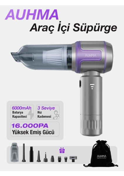 AHV-09 Kablosuz Taşınabilir Araç İçi El Süpürgesi | 16000PA Güçlü Vakum | 4’ü 1 Arada Çok Amaçlı Temizlik