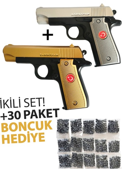 Elite Yeni Ikili Paket! Gold ve Gümüş Renk Türk Bayraklı Boncuklu Oyuncak Tabanca + 30 Paket Boncuk Hediye 1 Adet