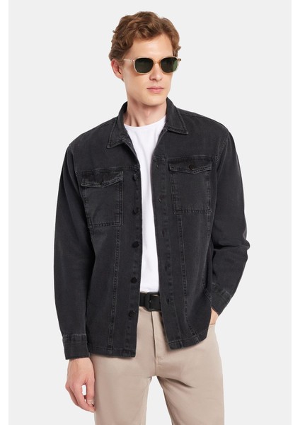 Erkek Relax Fit Rahat Kesim Denim Çıtçıtlı Uzun Kol Kot Ceket siyah Gömlek